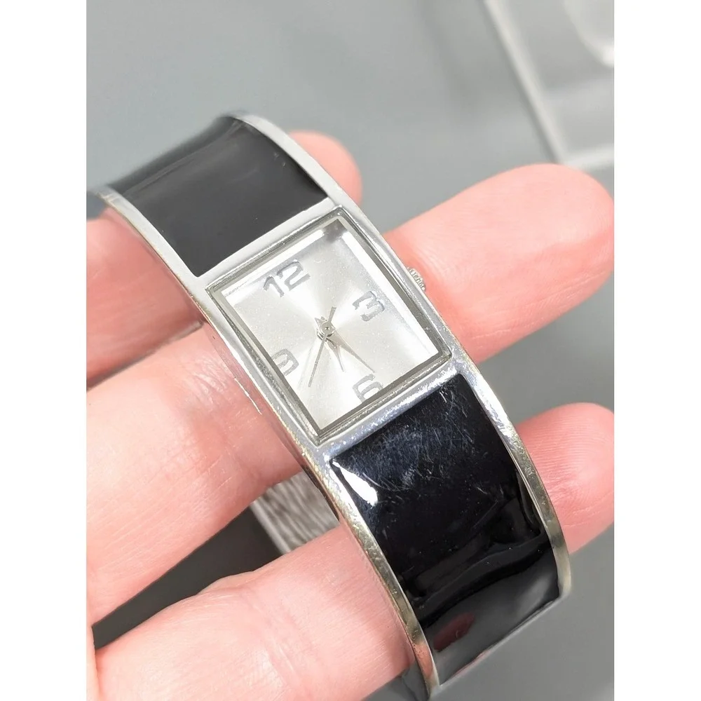 Chico's Black Enamel Watch Silver Tone Hinged Bangle Cuff Statement Working 6.5